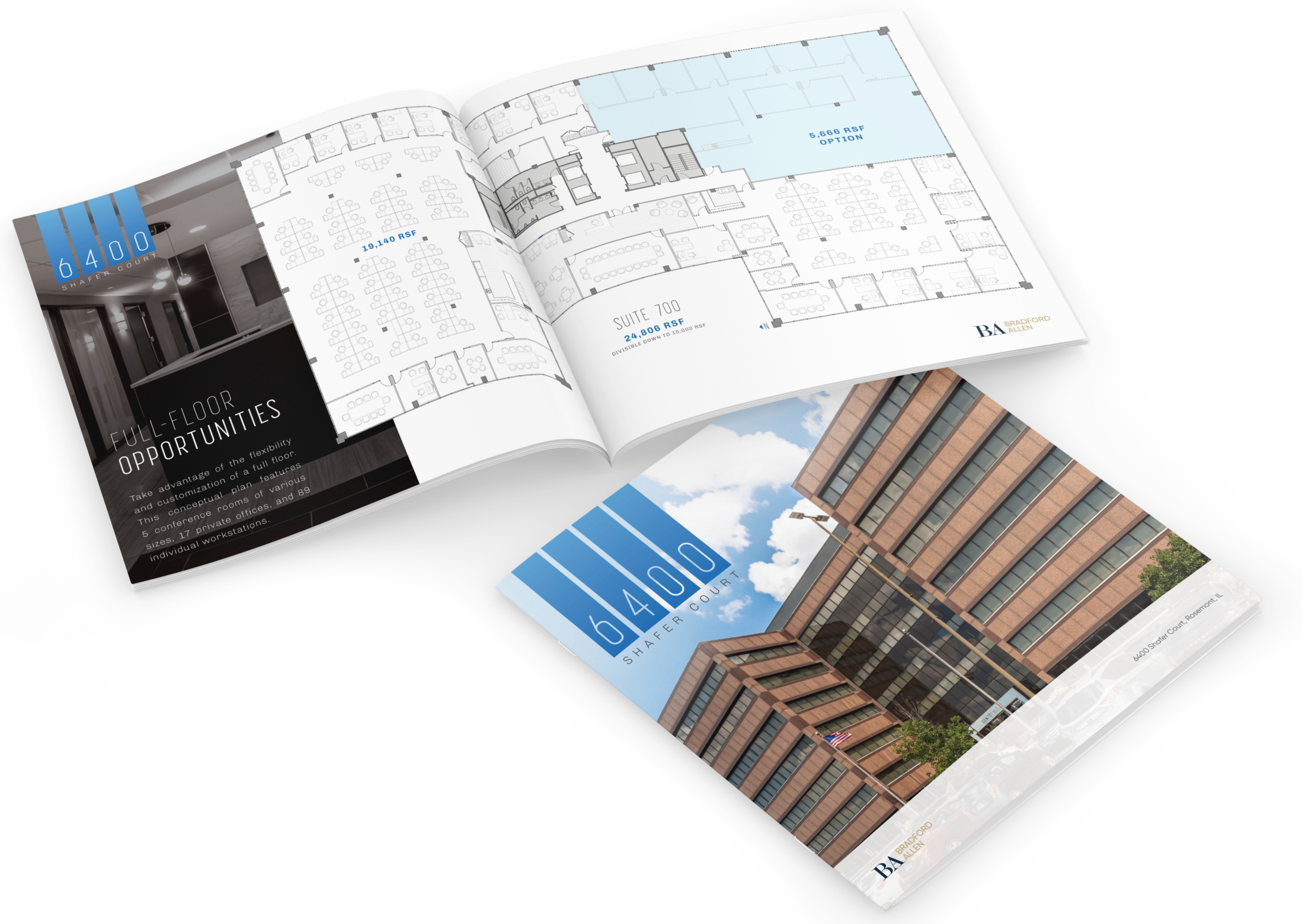 Opened brochure for suburban office space at 6400 Shafer Court in Rosemont.